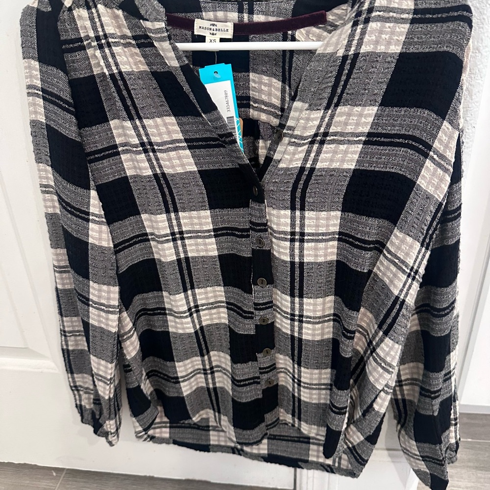 Mason & Belle XS Black & Gray Plaid Button-Down Shirt, NWT